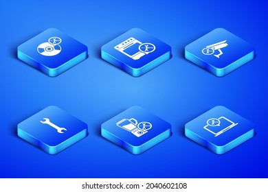 Set Laptop service, CD or DVD disk, Blender, Wrench, Oven and Security camera icon. Vector