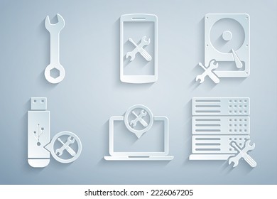 Set Laptop-Service, Festplatte, USB-Flash, Datenbank-Server, Smartphone und Windows-Symbol. Vektorgrafik