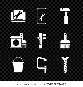 Set Laptop service, Mobile, Hammer, Bucket, Clamp and screw tool, Metallic, Paint bucket brush and Calliper or caliper scale icon. Vector