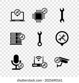 Configure el servicio de portátiles, procesador, llave inglesa, micrófono, enrutador wi-fi con, cámara de seguridad, servidor de base de datos e icono. Vector
