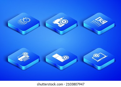 Ajuste la configuración de la laptop, Stopwatch, Refrigerator, Printer, Drill machine y Old Hourglass with sand icon. Vector