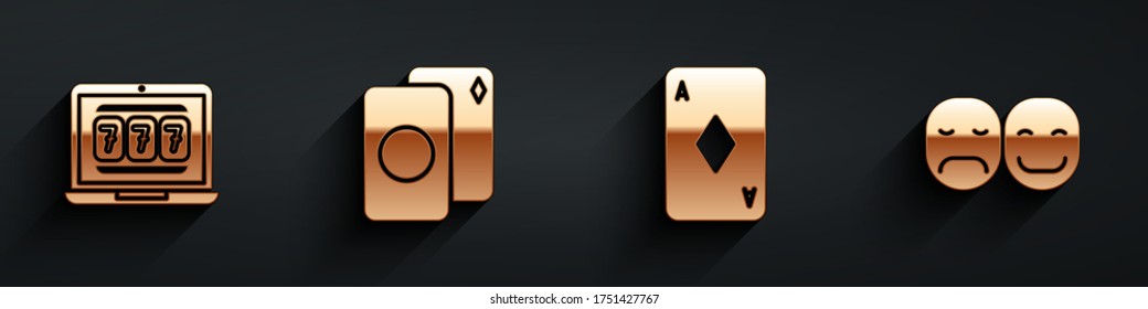 Set Laptop and slot machine, Deck of playing cards, Playing card with diamonds and Poker player icon with long shadow. Vector