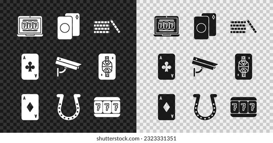 Set Laptop and slot machine, Deck of playing cards, Casino chips, Playing with diamonds, Horseshoe, Slot lucky sevens, clubs and Security camera icon. Vector