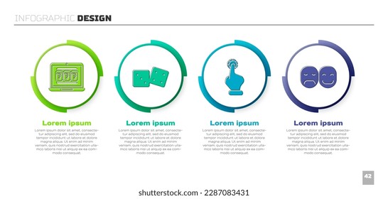 Establece la máquina portátil y tragaperras, los dados de juego, las fichas de casinos de mano y el jugador de póquer. Plantilla de infografía empresarial. Vector