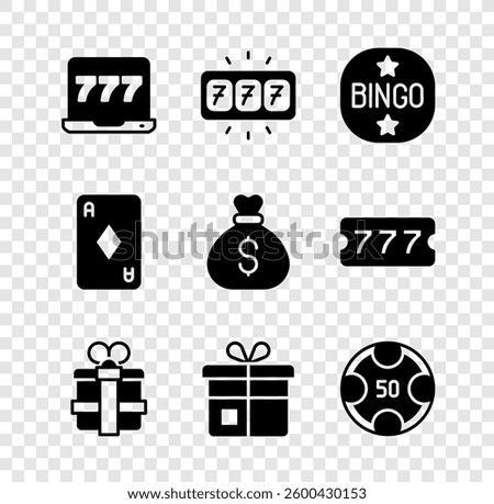 Set Laptop and slot machine, Slot with jackpot, Bingo, Gift box, Casino chips, Playing card diamonds and Money bag icon. Vector