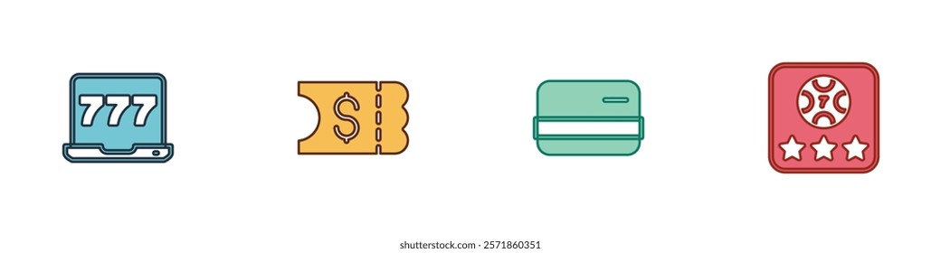 Set Laptop and slot machine, Lottery ticket, Credit card and Online poker table game icon. Vector
