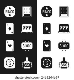 Set Laptop and slot machine, Playing card with diamonds, Bingo, Lottery ticket, heart, Money prize casino, Winner holding and Coin money dollar icon. Vector