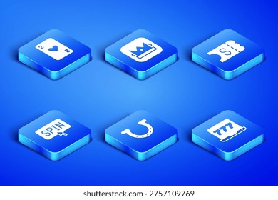 Set Laptop and slot machine, Playing card with heart, Horseshoe, Slot spin button, King playing and Lottery ticket icon. Vector
