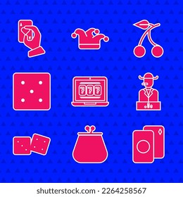 Set Laptop and slot machine, Wallet, Deck of playing cards, Poker player, Game dice, Casino with cherry and Hand holding icon. Vector