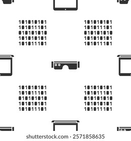 Set Laptop, Smart glasses and Binary code on seamless pattern. Vector