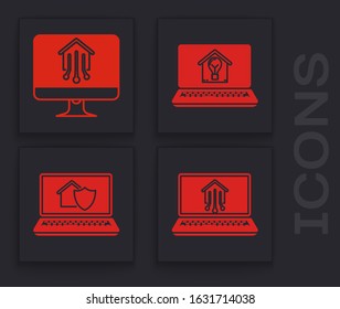 Set Laptop with smart home, Computer monitor with smart home, Laptop with smart house and light bulb and Laptop with house under protection icon. Vector