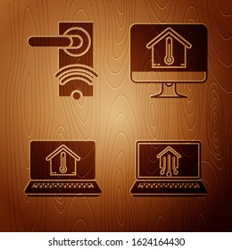 Set Laptop with smart home, Digital door lock with wireless technology for unlock, Laptop with house temperature and Computer monitor with house temperature on wooden background. Vector