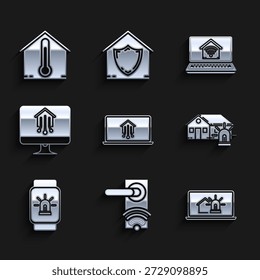 Set Laptop with smart home, Digital door lock wireless technology for unlock, house and alarm, Smart, watch, Computer monitor, wi-fi and House temperature icon. Vector