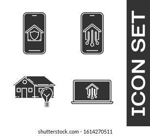 Set Laptop with smart home, Mobile phone with house under protection, Smart house and light bulb and Mobile phone with smart home icon. Vector
