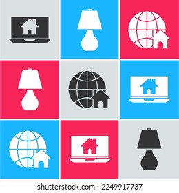 Set Laptop and smart home, Table lamp and Globe with house symbol icon. Vector