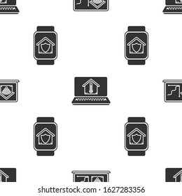 Set Laptop with smart home with wi-fi, Laptop with house temperature and Smart watch with house under protection on seamless pattern. Vector