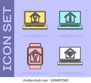 Set Laptop with smart home with wi-fi, Laptop with smart house and light bulb, Smart watch with smart house and light bulb and Laptop with house temperature icon. Vector