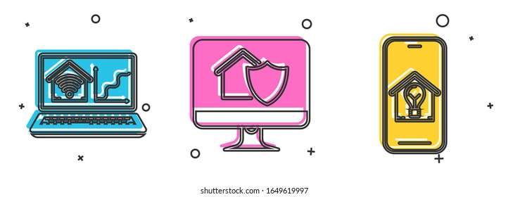 Set Laptop with smart home with wi-fi, Computer monitor with house under protection and Mobile phone with smart house and light bulb icon. Vector