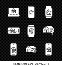 Set Laptop with smart home with wi-fi, Mobile phone house under protection, Smart watch, and alarm,  and  icon. Vector