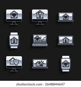 Set Laptop with smart home with wi-fi, house and alarm, Smart watch, temperature, Computer monitor under protection,  and  icon. Vector