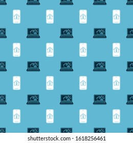 Set Laptop with smart house and alarm and Mobile phone with house temperature on seamless pattern. Vector