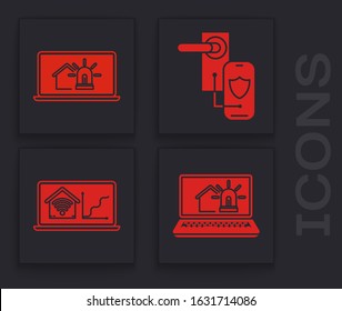 Set Laptop with smart house and alarm, Laptop with smart house and alarm, Digital door lock with wireless technology for lock and Laptop with smart home with wi-fi icon. Vector