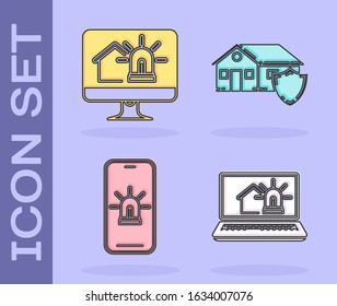 Set Laptop with smart house and alarm, Computer monitor with smart house and alarm, Mobile phone with smart house and alarm and House under protection icon. Vector
