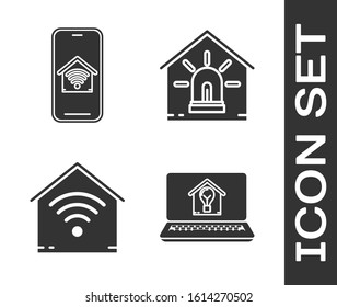 Set Laptop with smart house and light bulb, Mobile phone with smart home with wi-fi, Smart home with wi-fi and Smart house and alarm icon. Vector