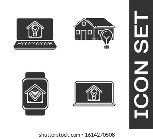Set Laptop with smart house and light bulb, Smart watch with smart home with wi-fi and Smart house and light bulb icon. Vector