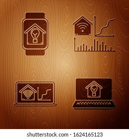 Set Laptop with smart house and light bulb, Smart watch with smart house and light bulb, Laptop with smart home with wi-fi on wooden background. Vector