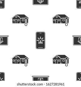 Set Laptop with smart house and light bulb, Mobile phone with smart house and alarm and House temperature on seamless pattern. Vector