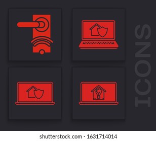Set Laptop with smart house and light bulb, Digital door lock with wireless technology for unlock, Laptop with house under protection and Laptop with house under protection icon. Vector