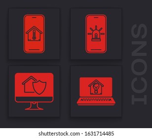 Set Laptop with smart house and light bulb, Mobile phone with house temperature, Mobile phone with smart house and alarm and Computer monitor with house under protection icon. Vector
