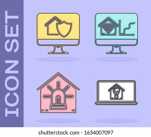 Set Laptop with smart house and light bulb, Computer monitor with house under protection, Smart house and alarm and Computer monitor with smart home with wi-fi icon. Vector
