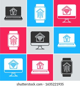 Set Laptop with smart house and light bulb, Smart home with smart watch and Computer monitor with smart home with wi-fi icon. Vector