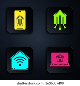 Set Laptop with smart house and light bulb, Mobile phone with smart home, Smart home with wi-fi and Smart home. Black square button. Vector