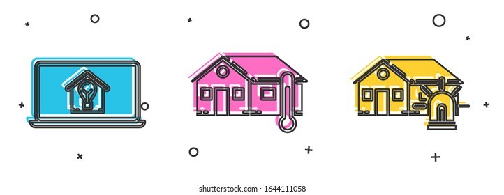 Set Laptop with smart house and light bulb, House temperature and Smart house and alarm icon. Vector