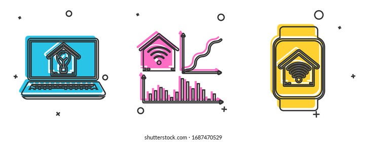 Set Laptop with smart house and light bulb, Smart home with wi-fi and Smart watch with smart home with wi-fi icon. Vector