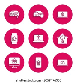 Set Laptop with smart house and light bulb, Mobile phone home, under protection, Smart, Computer monitor wi-fi, watch,  and  icon. Vector