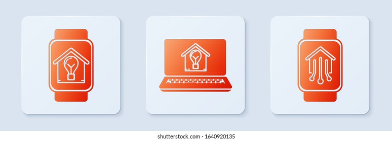 Set Laptop with smart house, Smart watch with smart house and light bulb and Smart hom. White square button. Vector
