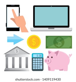set of laptop with smartphone and calculator to banking technology