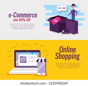 set laptop and smartphone ecommerce with packages and bags