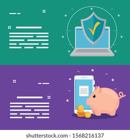 set of laptop with smartphone and icons vector illustration design
