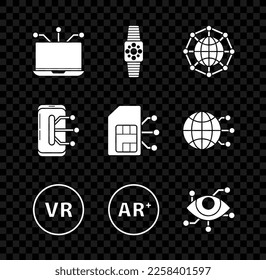 Set Laptop, Smartwatch, Global technology or social network, Virtual reality, Ar, augmented, Smartphone, mobile phone and Sim card icon. Vector