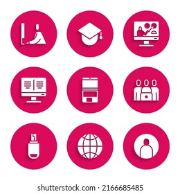 Set Laptop, Social network, Create account screen, Online class, USB flash drive, book on monitor, education and Student working laptop icon. Vector