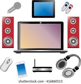Set of laptop,  speakers, phone, tablet, microphone, wireless router, flash drives, headphones, a microphone and a computer mouse on a white background. Vector illustration.   For icons, logo.