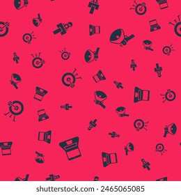 Set Laptop, Stage stand or tribune, Target with arrow and Megaphone on seamless pattern. Vector