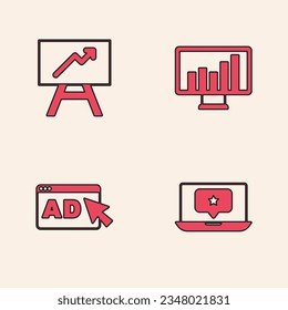 Set Laptop with star, Board graph chart, Monitor and Advertising icon. Vector