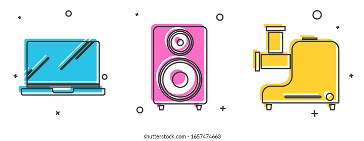 Set Laptop , Stereo speaker  and Kitchen meat grinder  icon. Vector
