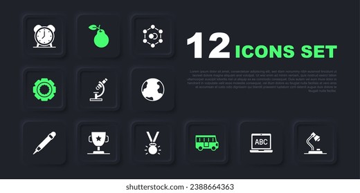 Set Laptop, Table lamp, Microscope, School Bus, Gear, Award cup, Pear and Medal icon. Vector